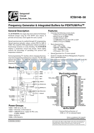 ICS9148F-58 datasheet - Frequency Generator & Integrated Buffers for PENTIUM/ProTM