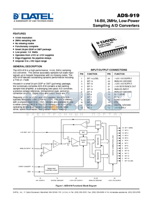 ADS-919MC datasheet - 14-Bit, 2MHz, Low-Power Sampling A/D Converters