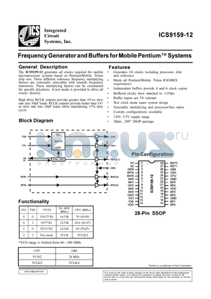 ICS9159-12 datasheet - Frequency Generator and Buffers for Mobile Pentium Systems