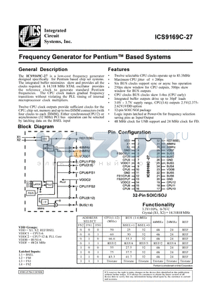 ICS9169C-27 datasheet - Frequency Generator for Pentium  Based Systems