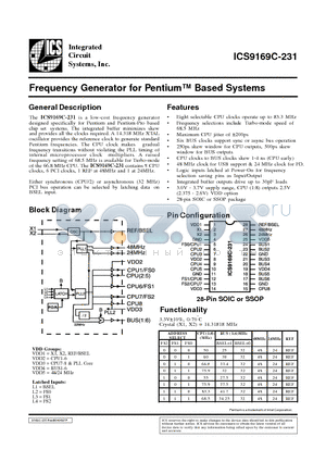 ICS9169CM-231 datasheet - Frequency Generator for Pentium Based Systems