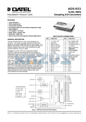 ADS-933 datasheet - 16-Bit, 3MHz Sampling A/D Converters