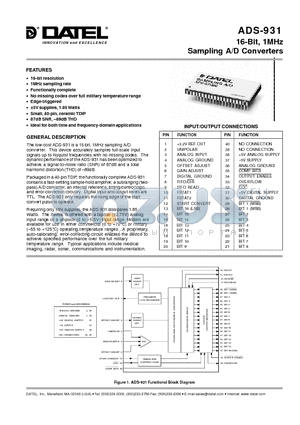 ADS-931MC datasheet - 16-Bit, 1MHz Sampling A/D Converters