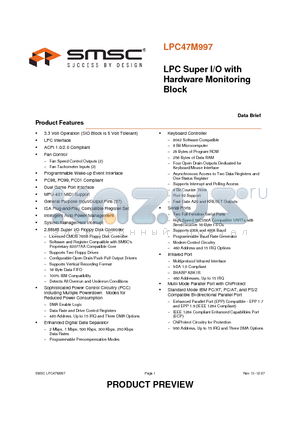 LPC47M997 datasheet - LPC Super I/O with Hardware Monitoring Block