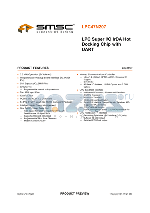 LPC47N207 datasheet - LPC Super I/O IrDA Hot Docking Chip with UART