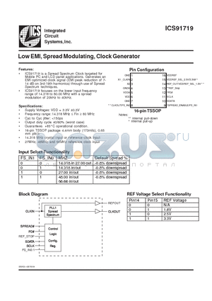 ICS91719YGLF-T datasheet - Low EMI, Spread Modulating, Clock Generator