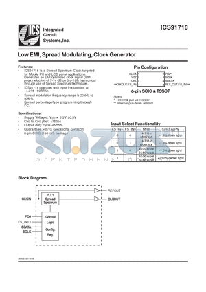 ICS91718 datasheet - Low EMI, Spread Modulating, Clock Generator