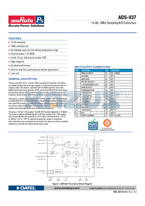 ADS-937/883 datasheet - 16-Bit, 1MHz Sampling A/D Converters