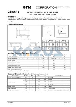 GBAS16 datasheet - SURFACE MOUNT,SWITCHING DIODE VOLTAGE 85V,CURRENT 250mA