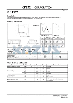GBAV70 datasheet - consists of two diodes in a plastic surface mount