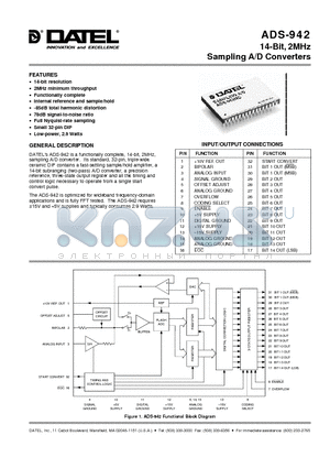 ADS-942 datasheet - 14-Bit, 2MHz Sampling A/D Converters