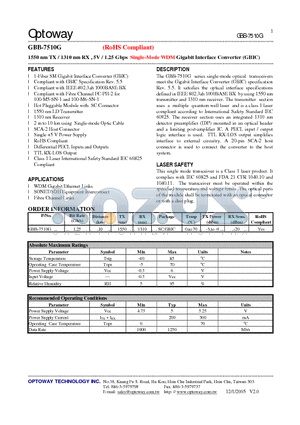 GBB-7510G datasheet - 1550 nm TX / 1310 nm RX , 5V / 1.25 Gbps Single-Mode WDM Gigabit Interface Converter (GBIC)