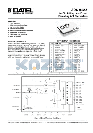 ADS-942AME datasheet - 14-Bit, 2MHz, Low-Power Sampling A/D Converters