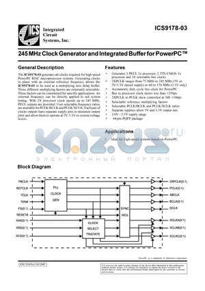 ICS9178-03 datasheet - 245 MHz Clock Generator and Integrated Buffer for PowerPC