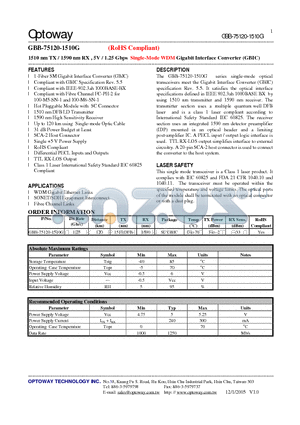 GBB-75120-1510G datasheet - 1510 nm TX / 1590 nm RX , 5V / 1.25 Gbps Single-Mode WDM Gigabit Interface Converter (GBIC)