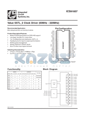 ICS91857YLLFT-LF-T datasheet - Value SSTL_2 Clock Driver (60MHz - 220MHz)