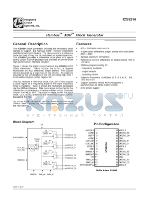 ICS9214 datasheet - RambusTM XDRTM Clock Generator