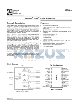ICS9214YGLF-T datasheet - Rambus XDR Clock Generator