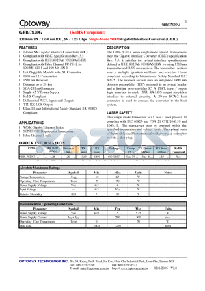 GBB-7820G datasheet - 1310 nm TX / 1550 nm RX , 5V / 1.25 Gbps Single-Mode WDM Gigabit Interface Converter (GBIC)