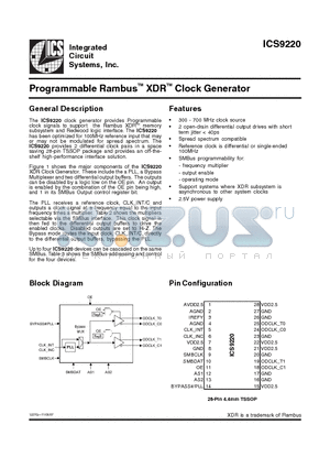 ICS9220 datasheet - Programmable RambusTM XDRTM Clock Generator
