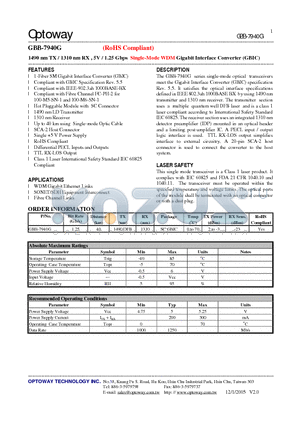 GBB-7940G datasheet - 1490 nm TX / 1310 nm RX , 5V / 1.25 Gbps Single-Mode WDM Gigabit Interface Converter (GBIC)