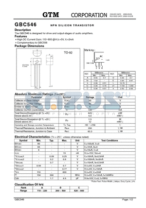 GBC546 datasheet - NPN SILICON TRANSISTOR