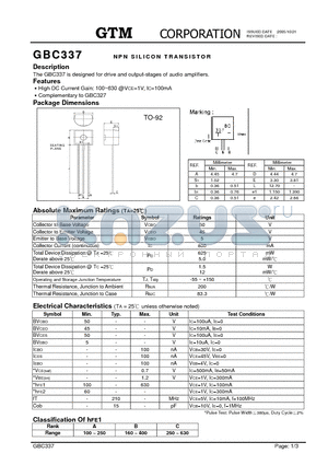 GBC337 datasheet - NPN SILICON TRANSISTOR