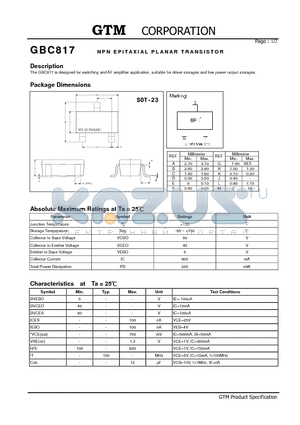 GBC817 datasheet - NPN EPITAXIAL PLANAR TRANSISTOR