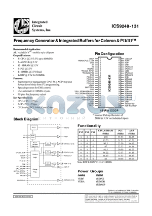 ICS9248-131 datasheet - Frequency Generator & Integrated Buffers for Celeron & PII/III