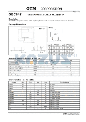 GBC847 datasheet - NPN EPITAXIAL PLANAR TRANSISTOR