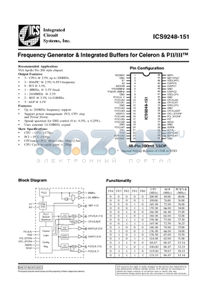ICS9248-151 datasheet - Frequency Generator & Integrated Buffers for Celeron & PII/III