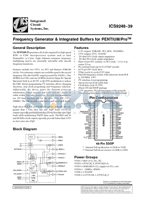 ICS9248-39 datasheet - Frequency Generator & Integrated Buffers for PENTIUM/ProTM