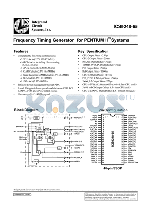 ICS9248-65 datasheet - Frequency Timing Generator for PENDIUM II Systems