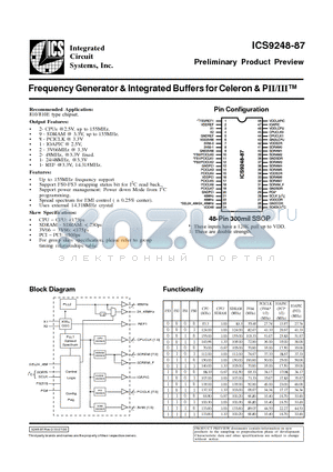 ICS9248-87 datasheet - Frequency Generator & Integrated Buffers for Celeron & PII/III