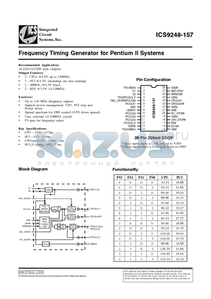 ICS9248YF-157-T datasheet - Frequency Timing Generator for Pentium II Systems