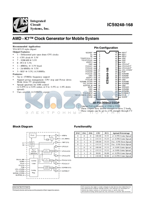 ICS9248YF-168-T datasheet - AMD - K7 Clock Generator for Mobile System