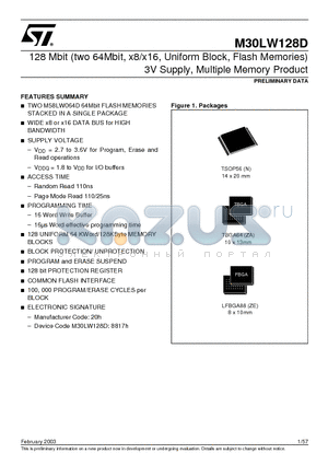 M30LW128D datasheet - 128 Mbit (two 64Mbit, x8/x16, Uniform Block, Flash Memories) 3V Supply, Multiple Memory Product