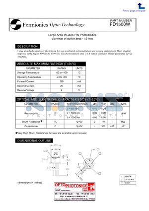 FD1500W datasheet - Large Area InGaAs PIN Photodiodes diameter of active area=1.5 mm