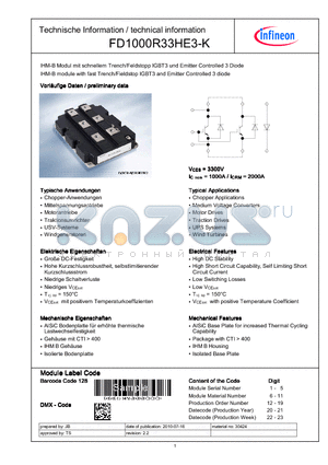 FD1000R33HE3-K datasheet - IHM-B module with fast Trench/Fieldstop IGBT3 and Emitter Controlled 3 diode
