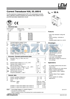 HAL600-S datasheet - Current Transducer HAL 50~600-S