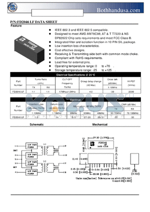 FD2046LF datasheet - 10 BASE-T, SIL FILTER(WITH 2 COMMON CHOKE) APPLY TO GENERIC IC