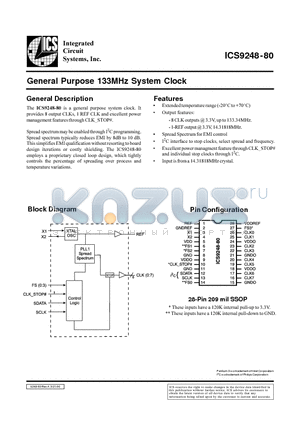 ICS9248YF-80-T datasheet - General Purpose 133MHz System Clock