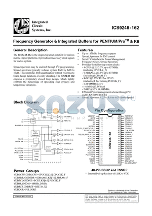 ICS9248YG-162-T datasheet - Frequency Generator & Integrated Buffers for PENTIUM/ProTM & K6