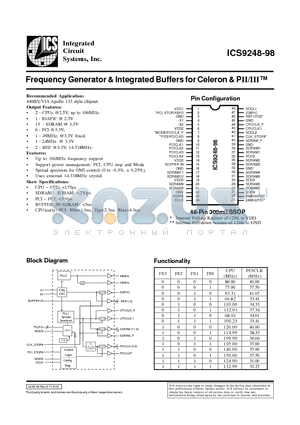 ICS9248YF-98-T datasheet - Frequency Generator & Integrated Buffers for Celeron & PII/III