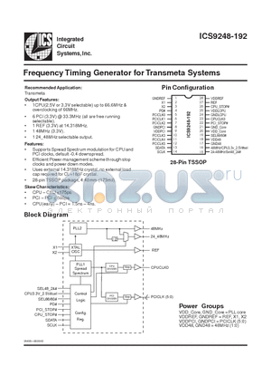 ICS9248YG-192-T datasheet - Frequency Timing Generator for Transmeta Systems