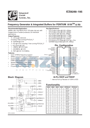 ICS9248YG-195LF-T datasheet - Frequency Generator & Integrated Buffers for PENTIUM II/III & K6