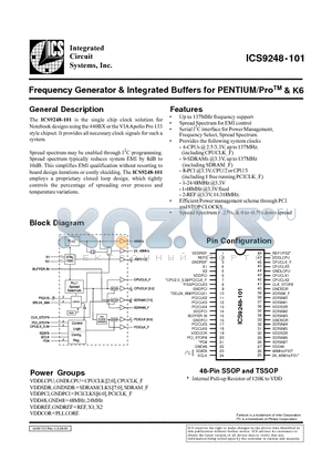 ICS9248YG-101-T datasheet - Frequency Generator & Integrated Buffers for PENTIUM/ProTM & K6