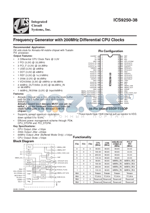 ICS9250-38 datasheet - Frequency Generator with 200MHz Differential CPU Clocks