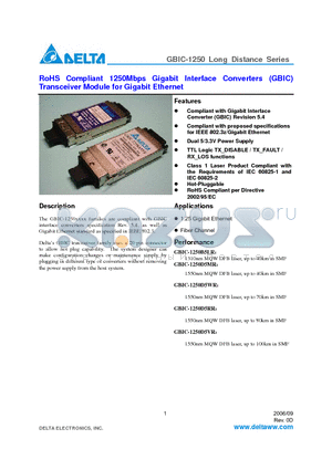 GBIC-1250B5MR datasheet - RoHS Compliant 1250Mbps Gigabit Interface Converters (GBIC) Transceiver Module for Gigabit Ethernet