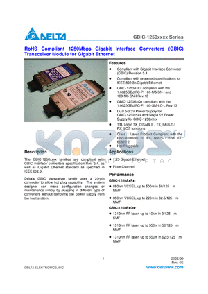 GBIC-1250B5QR datasheet - RoHS Compliant 1250Mbps Gigabit Interface Converters (GBIC) Transceiver Module for Gigabit Ethernet